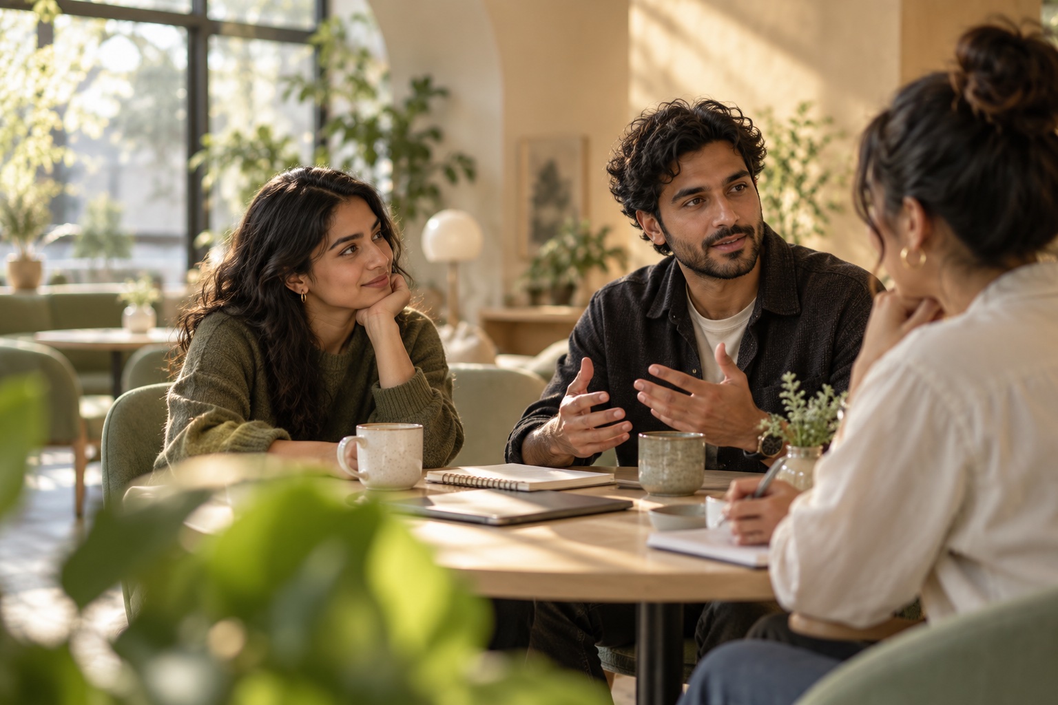 Three people sharing a relaxed conversation in a sunlit café