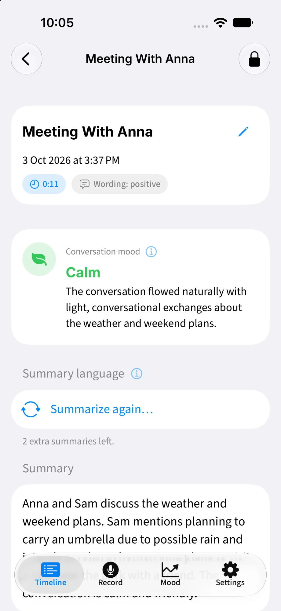 Echo Convo meeting summary with a calm conversation mood