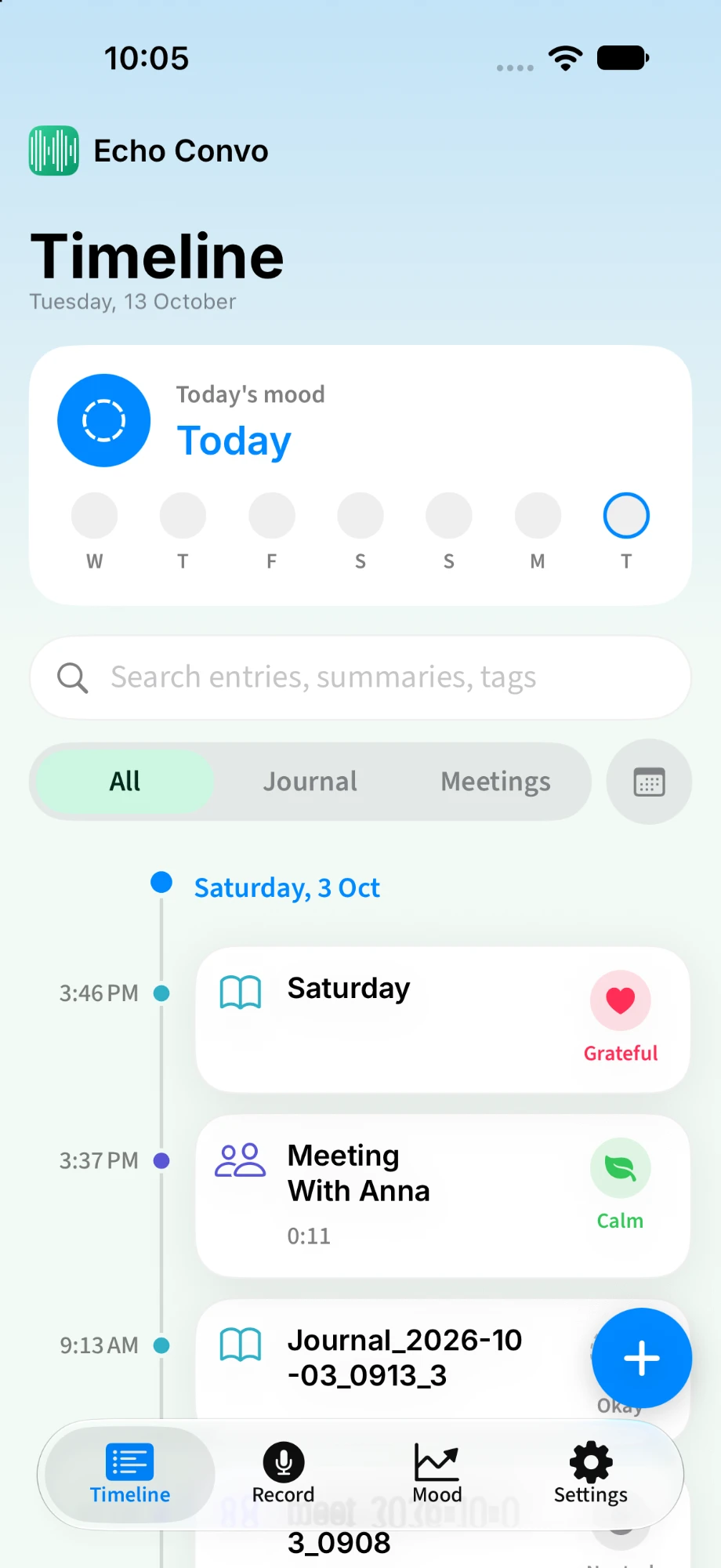 Timeline of journals and meetings with mood labels