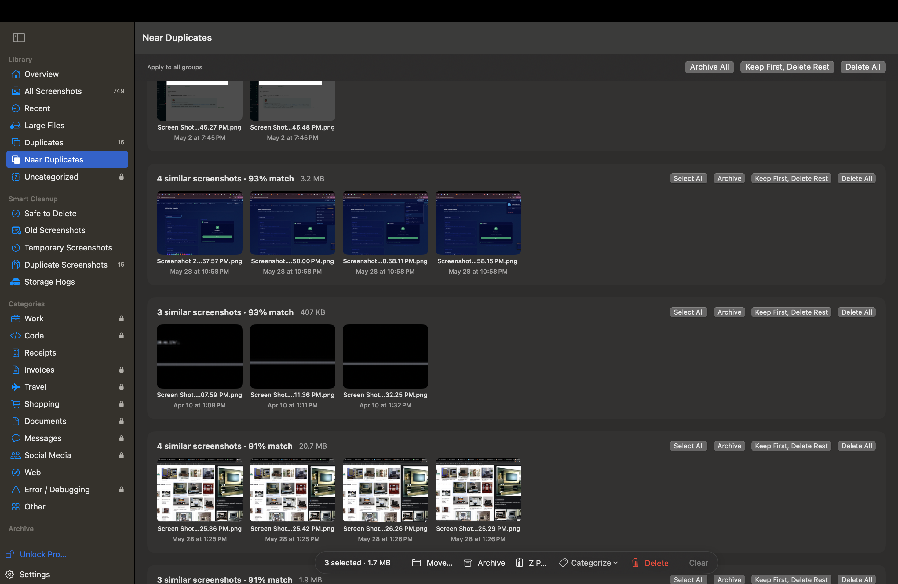 The SnapRid Near Duplicates page, showing several groups of similar screenshots each labeled with a match percentage, a selection of three screenshots with a Move, Archive, ZIP, Categorize, and Delete action bar, and Archive All, Keep First Delete Rest, and Delete All buttons at the top of the page.