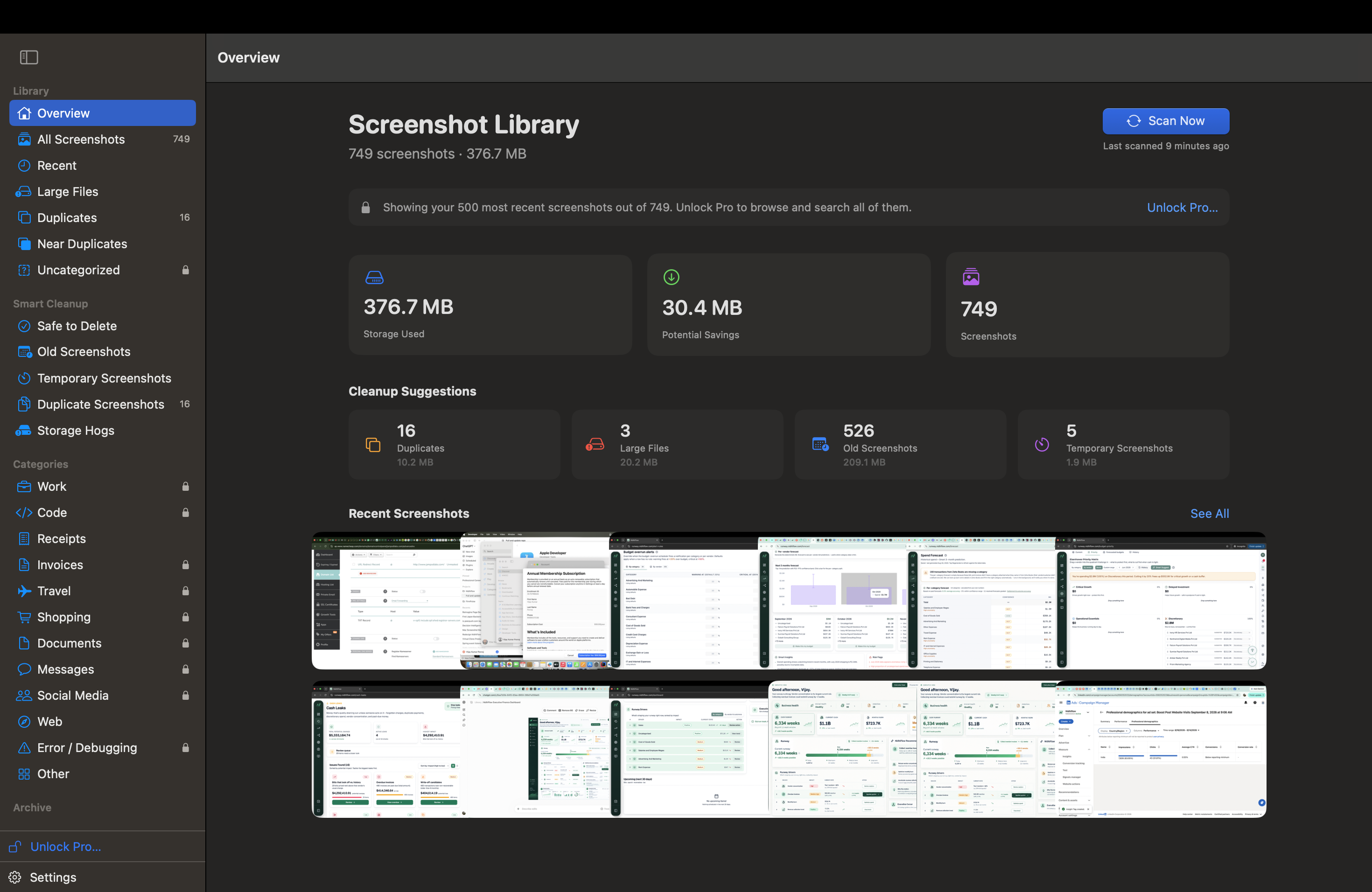 The SnapRid Overview page, showing a scanned library of 749 screenshots, storage used, potential savings, cleanup suggestions for duplicates, large files, old and temporary screenshots, and a grid of recent screenshots.